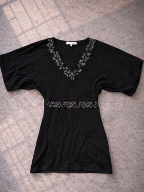 Y2K Whimsigoth Black Knit Top Silver Floral Embroidery Boho Goth Sweater